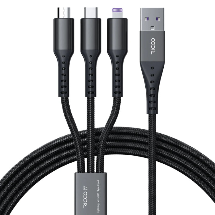 کابل تبدیل USB به لایتنینگ / MicroUSB / USB-C ریکو مدل پاورلینک طول 1.2 متر